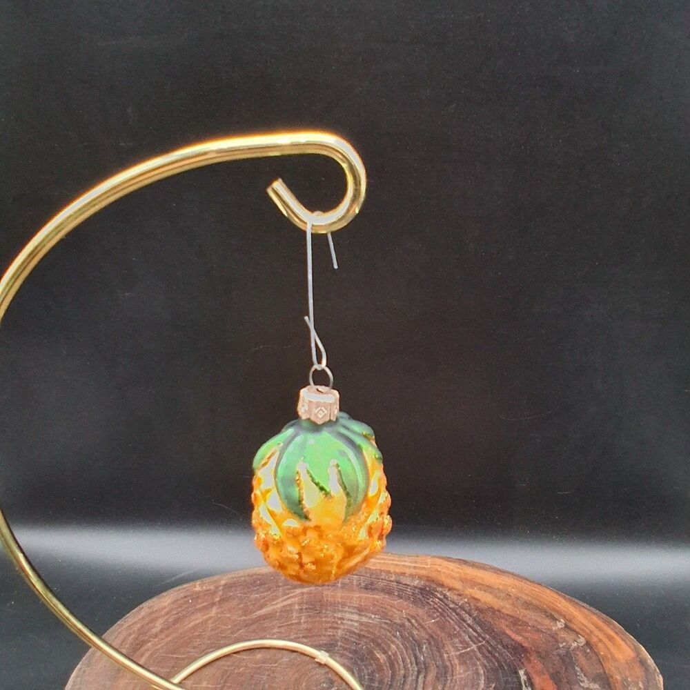 Vintage Glass Pineapple Christmas Ornament Gold Green Glitter Figural 1.75"
